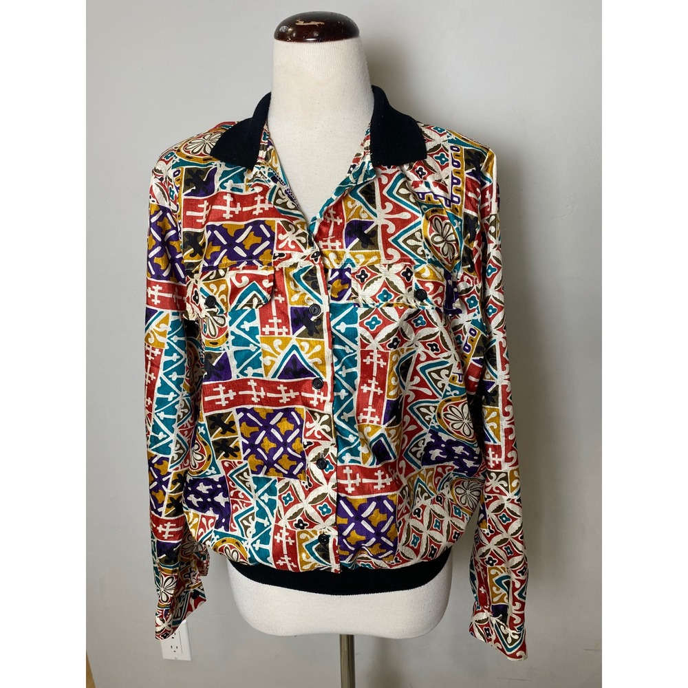 Vintage Lauren Lee 80s 90s Geometric Mosaic Print Bomber Blouse Multi-Color